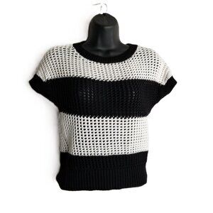 LOFT Petite Extra Small Black White Striped Cotton Sweater Nautical Coastal